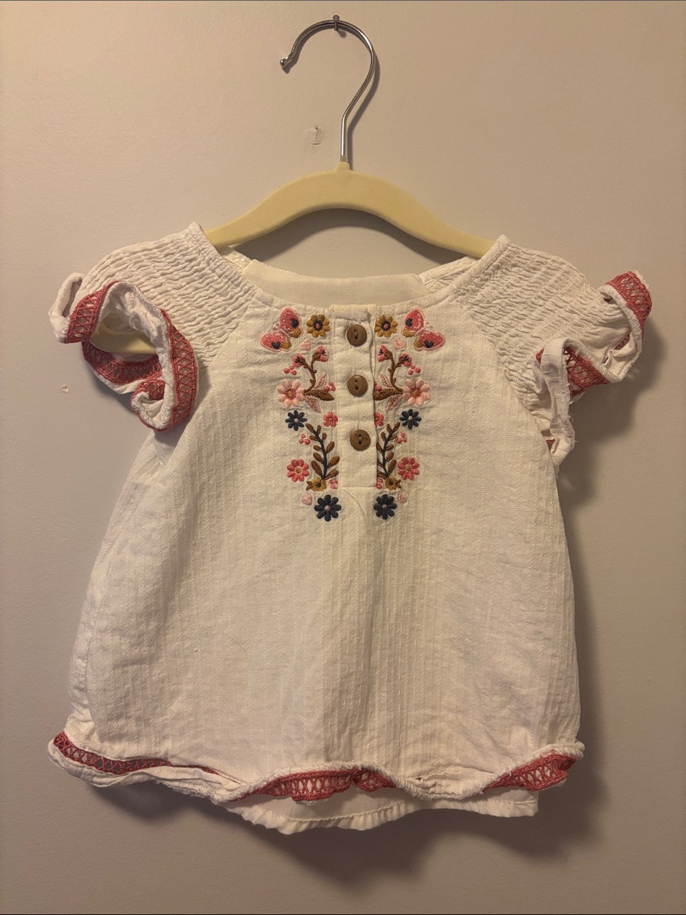 Haute Hippie White Cotton Embroidered Flutter-Sleeve Top with Pink Trim
